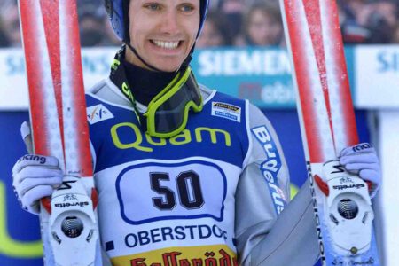 German ski jumper Sven Hannawald celebrates after his final jump at the first station of the Four Hill ski jumping tournament in Oberstdorf, southern Germany, on Sunday, Dec. 30, 2001. Hannawald won the first competition in Oberstdorf (AP Photo/Christof Stache)